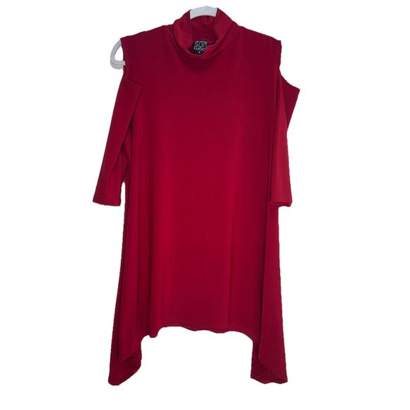Clara Sun Woo Tunic Top Shirt Women’s M Red Asymmetrical Hem Stretch Lagenlook - Picture 1 of 5